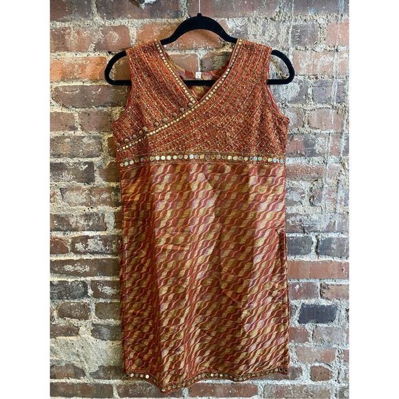Beaded Ethnic Tunic Top Burnt Orange/Red/Gold Sleeveless V-Neck Women’s Size 38 - Picture 4 of 11